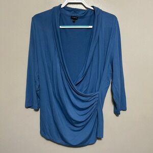 Talbots Blouse XL Blue 3/4 Sleeve Draped Ruched Wrap Top Classic Modest Stretch
